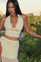 Metallic Floral Halter Crop Set Maxi Dress