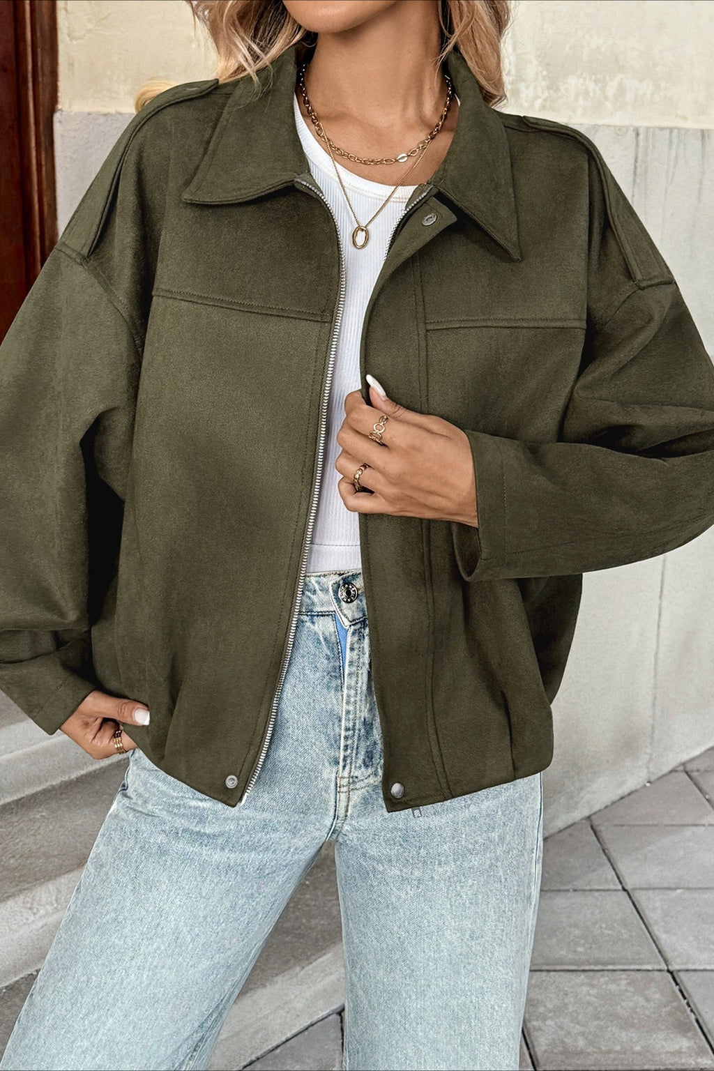 Lapel Collar Suede-Look Bomber Jacket
