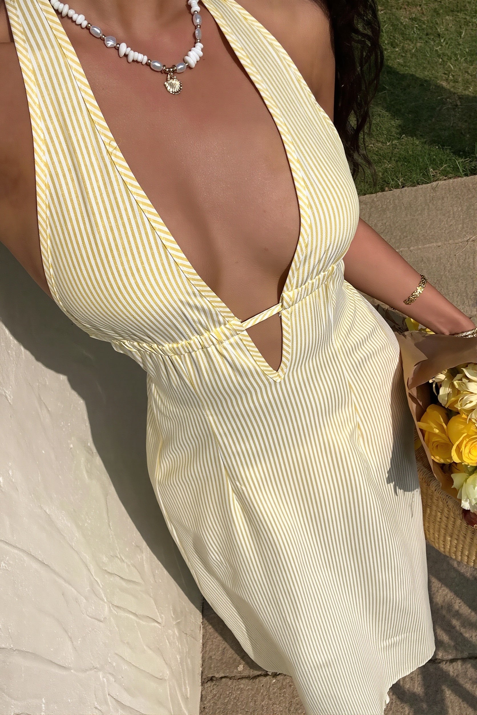 Stripe Halter Backless Lace Up Maxi Dress