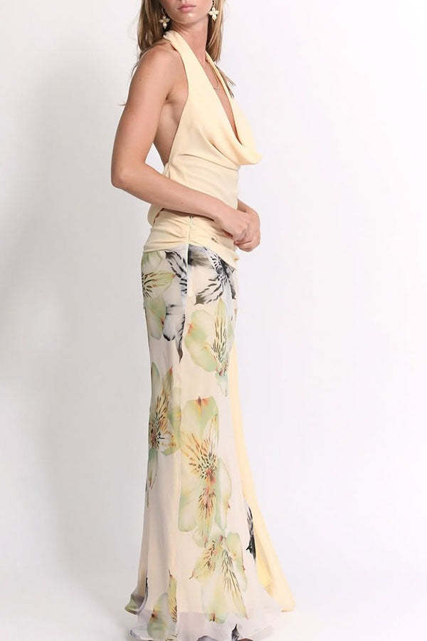 Backless Halter Top Slim Printed Maxi Skirt Set