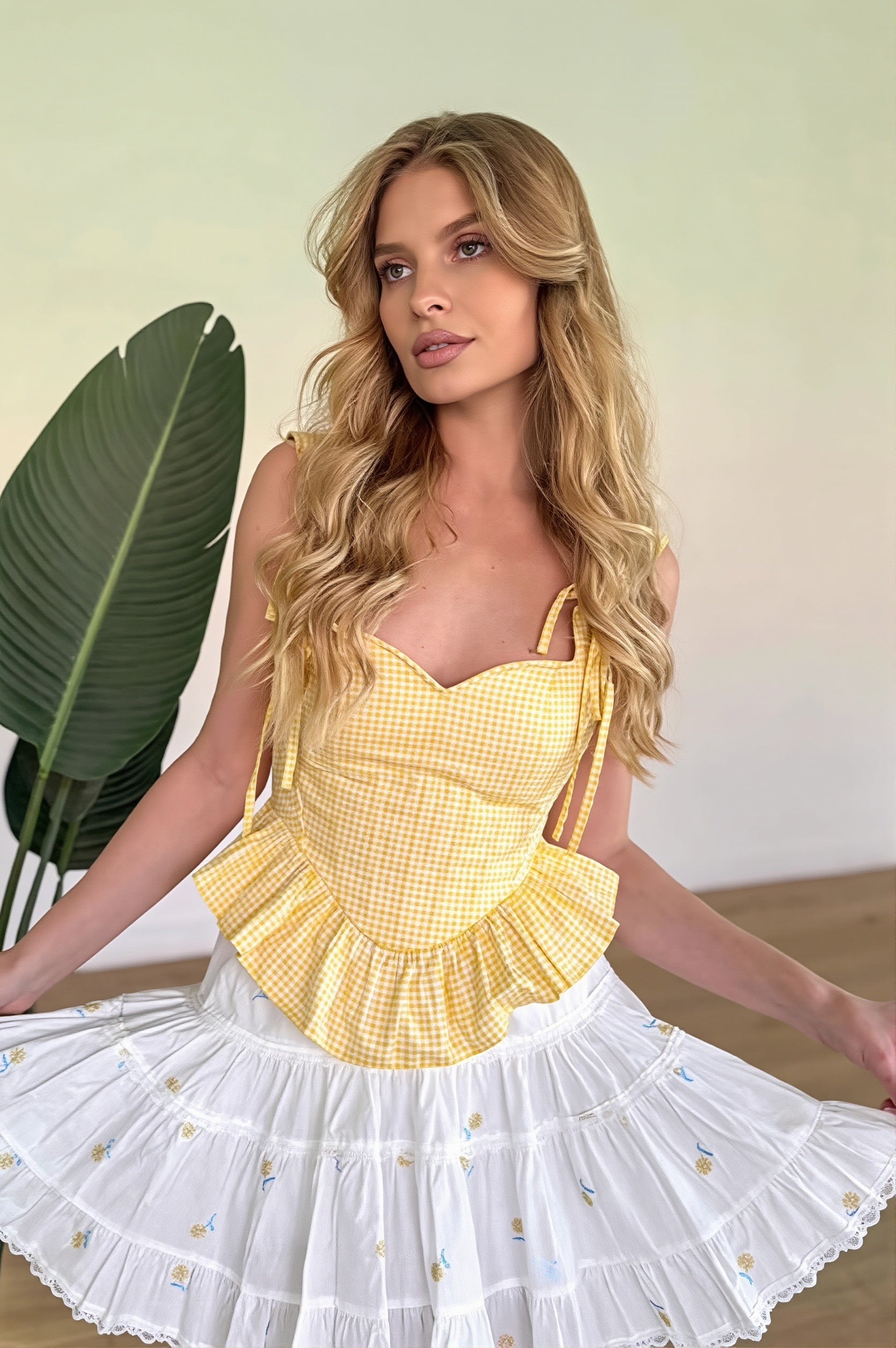 Gingham Ruffle Lace Up Waist Cinch Cami Top