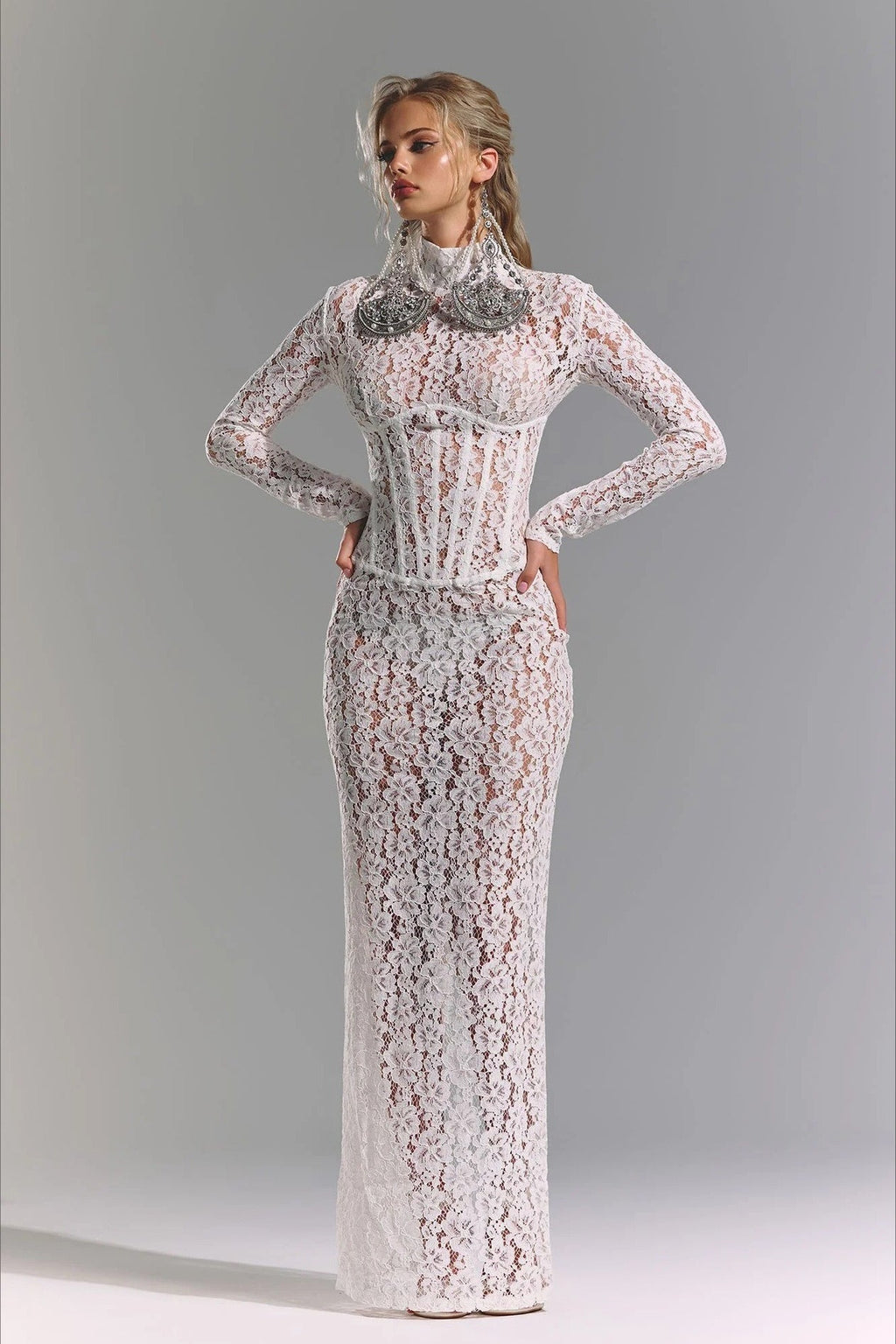 Lace Cutout Sheath Reception Dress
