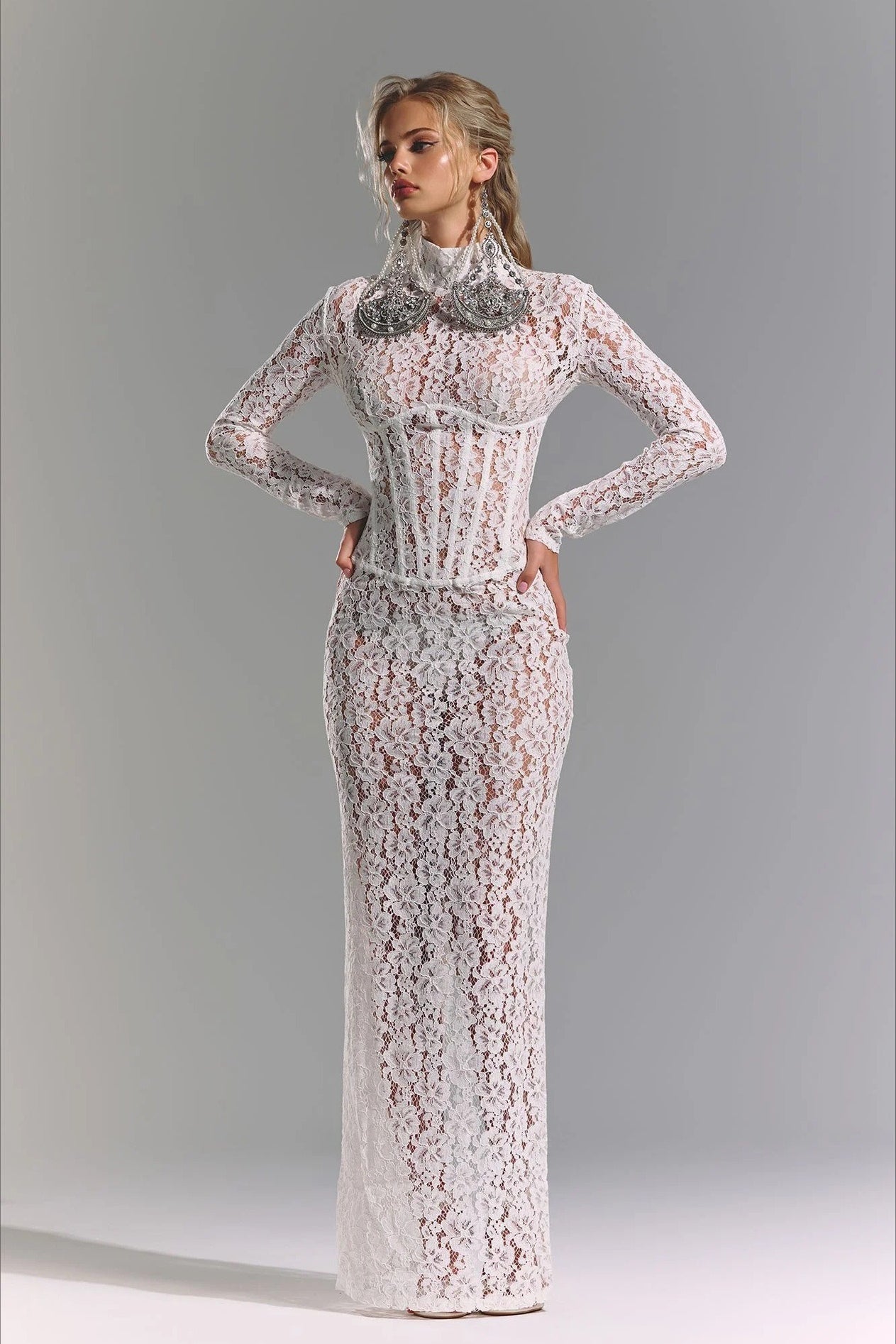 Lace Cutout Sheath Reception Dress