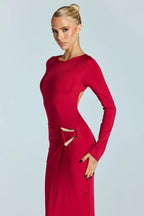 Backless Metal Decor Round Neck Sleeve Maxi Dress