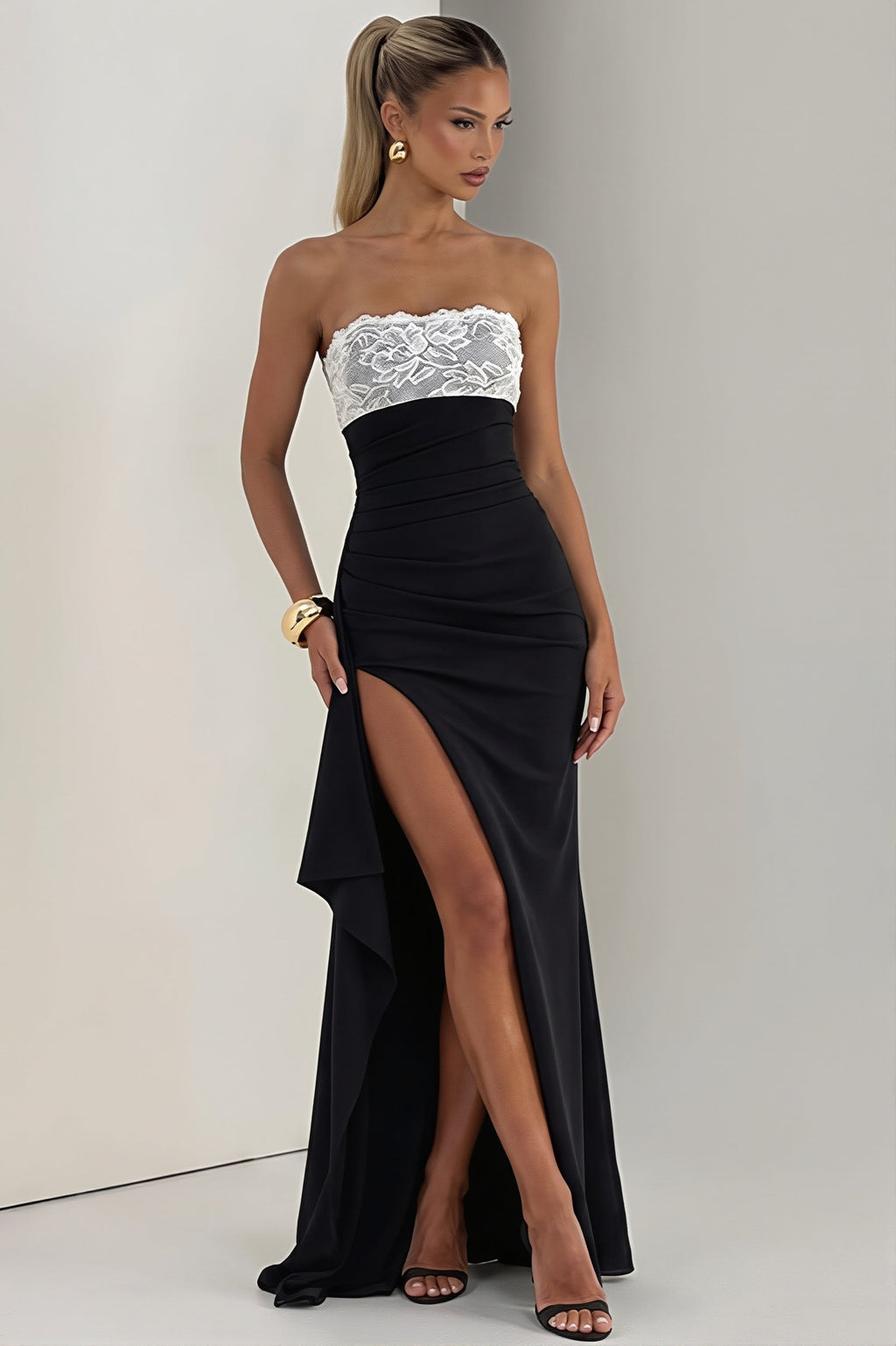 Lace Trim Strapless Bodycon Slit Maxi Dress