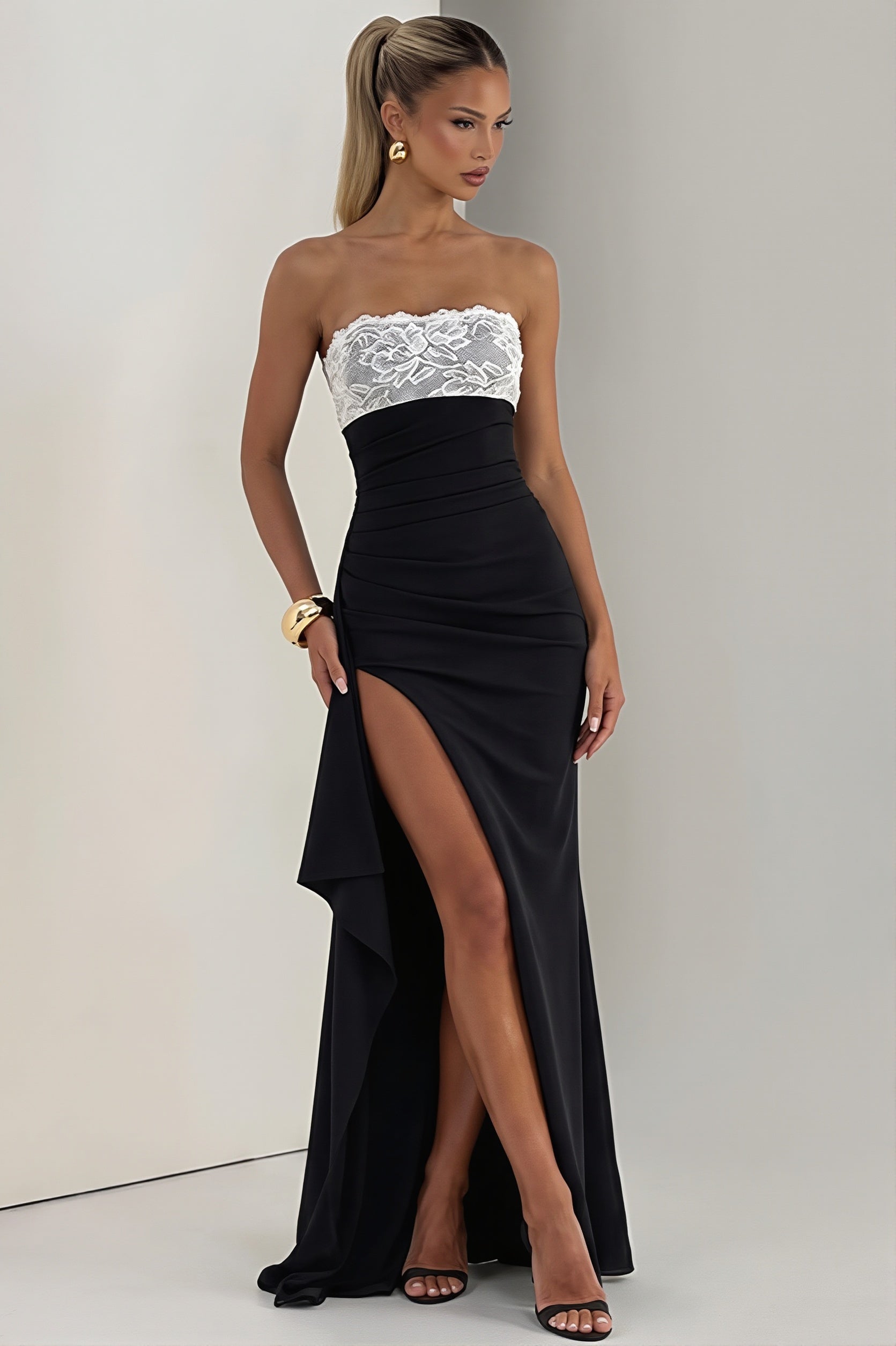 Lace Trim Strapless Bodycon Slit Maxi Dress