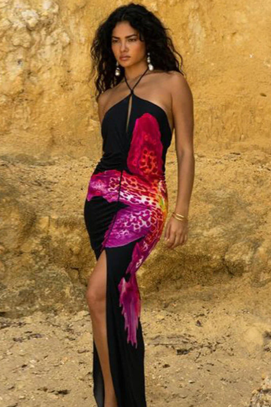 Halter V-Neck Floral Print High Slit Bodycon Maxi Dress