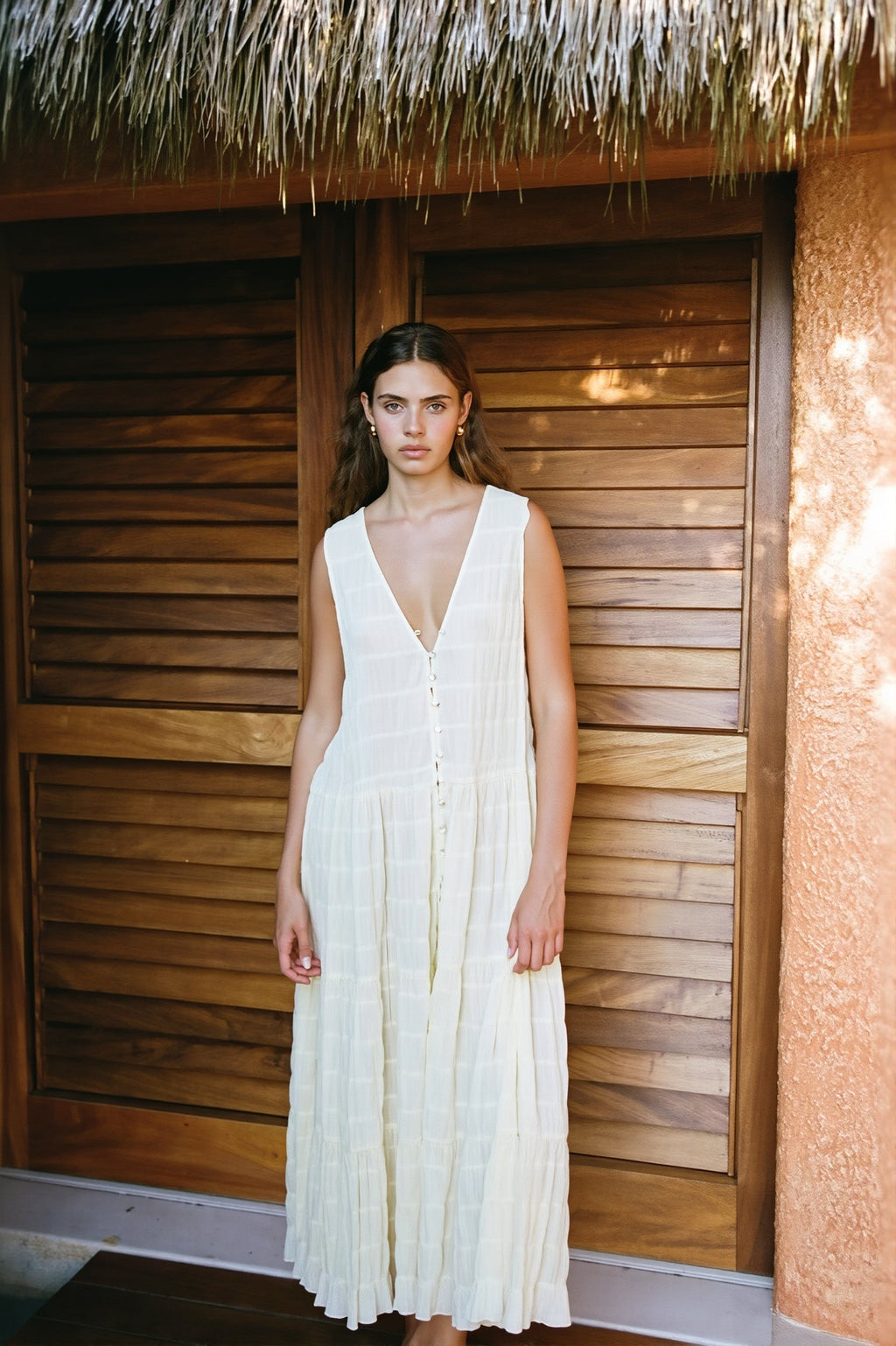 Solid Chiffon V Neck Button Swing Maxi Dress