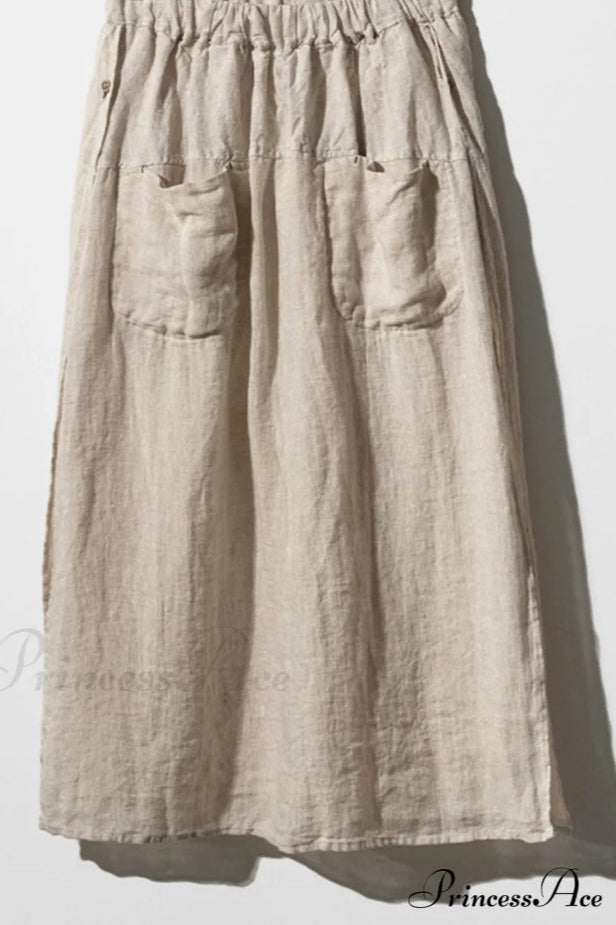 Solid Linen Midi Skirt With Pockets