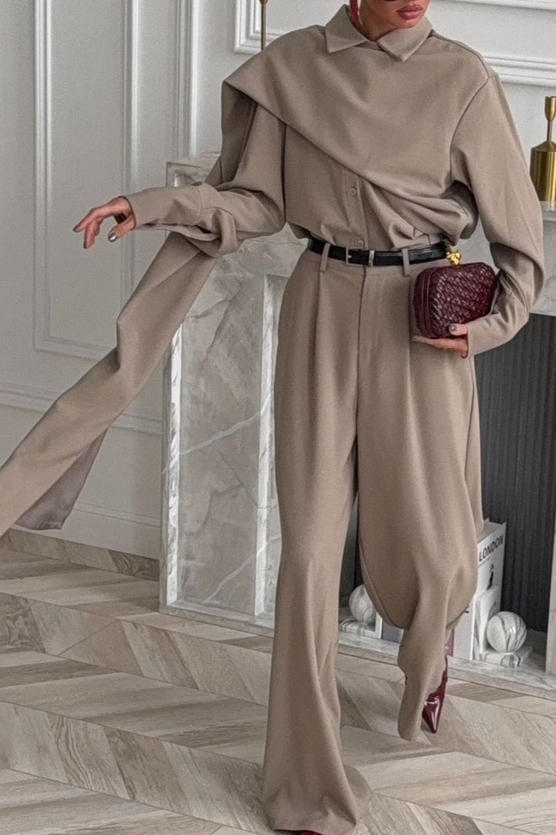 Vintage Lapel Scarf Top & Wide Leg Pants Two Piece Set