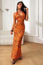V-Neck Halter Backless Floral Print Maxi Dress