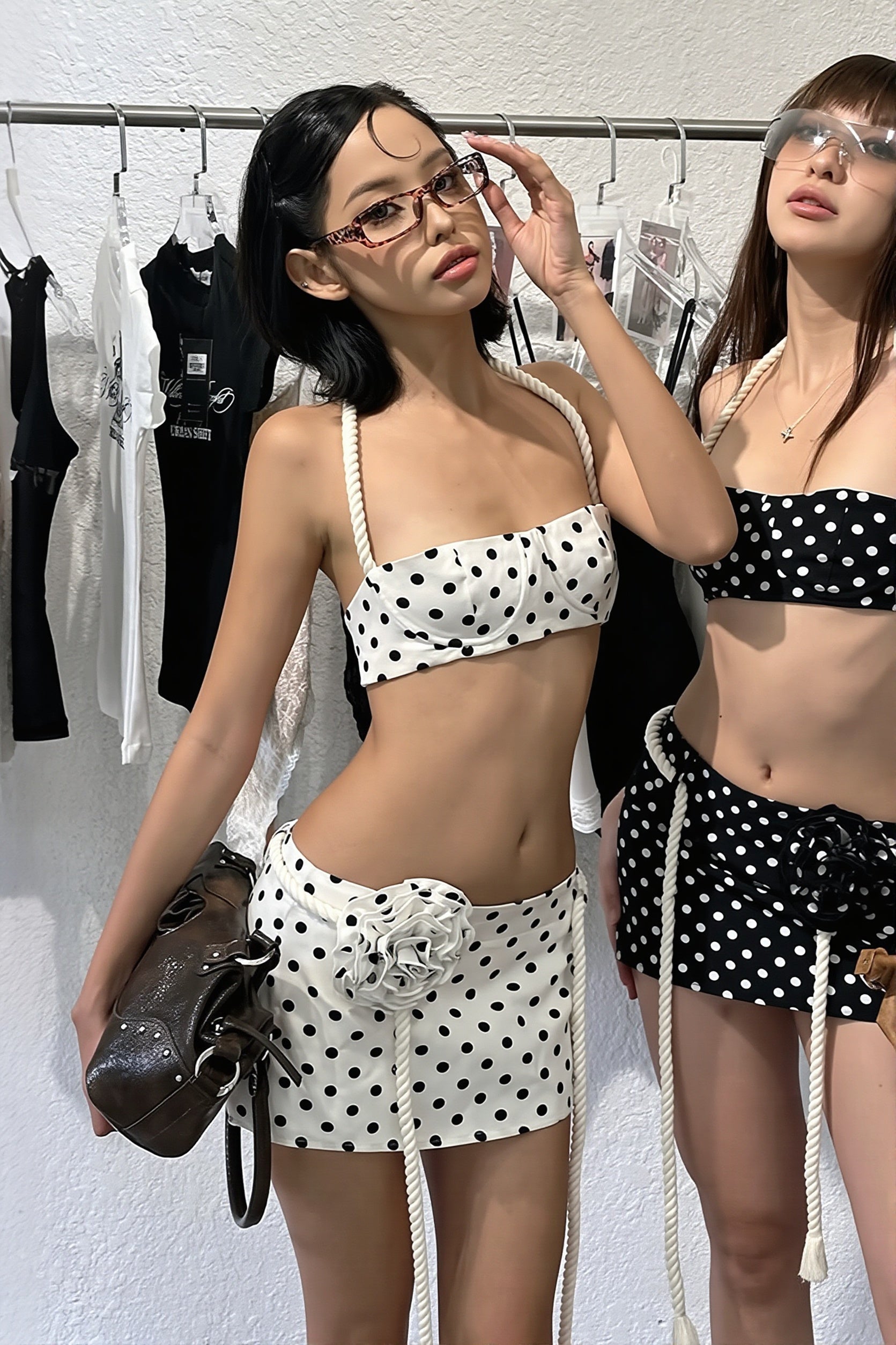 Polka Dot Halter Neck Crop Top Midi Skirt Two Piece Set