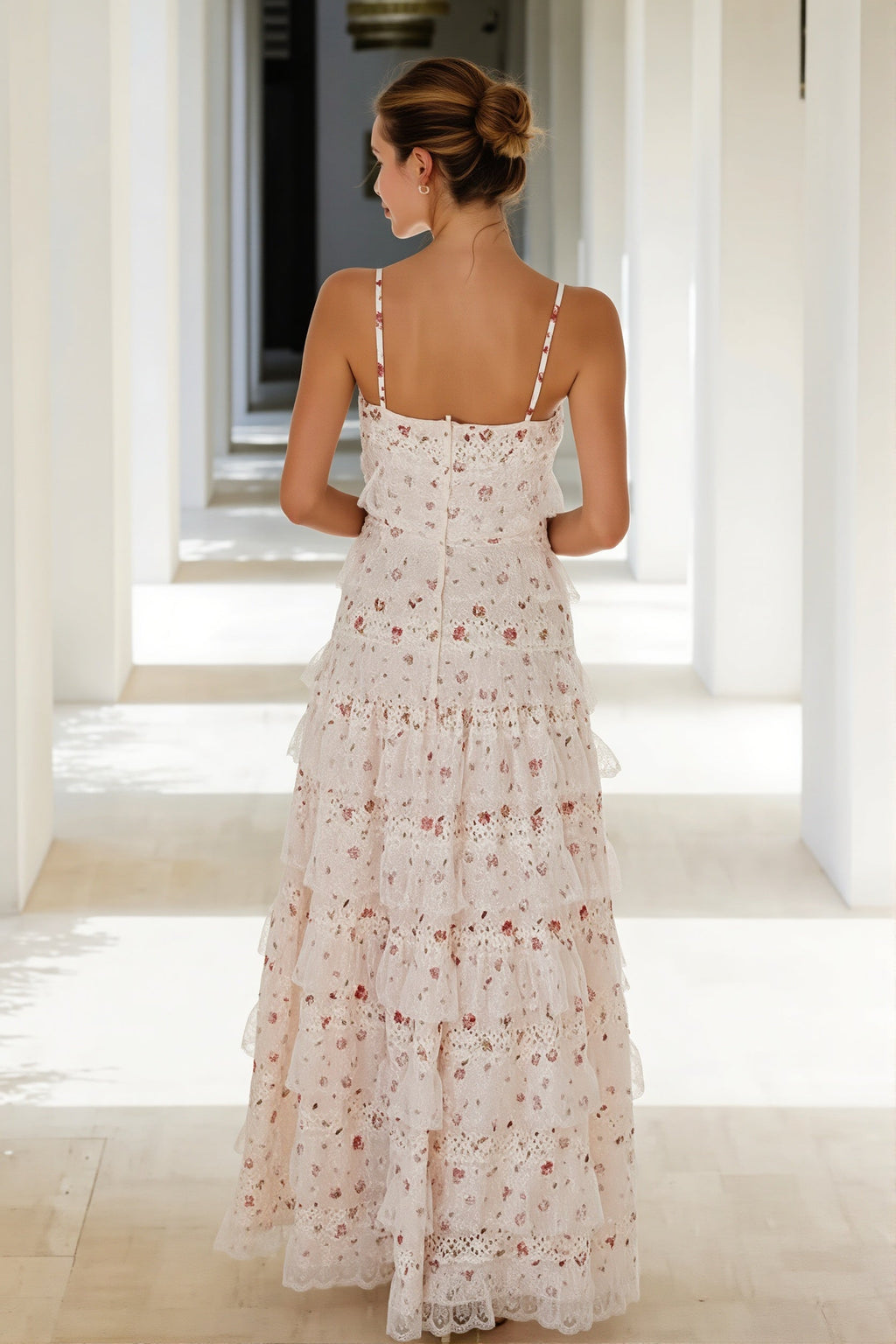 Lace Trim Print Tiered Ruffle Hem Cami Maxi Dress