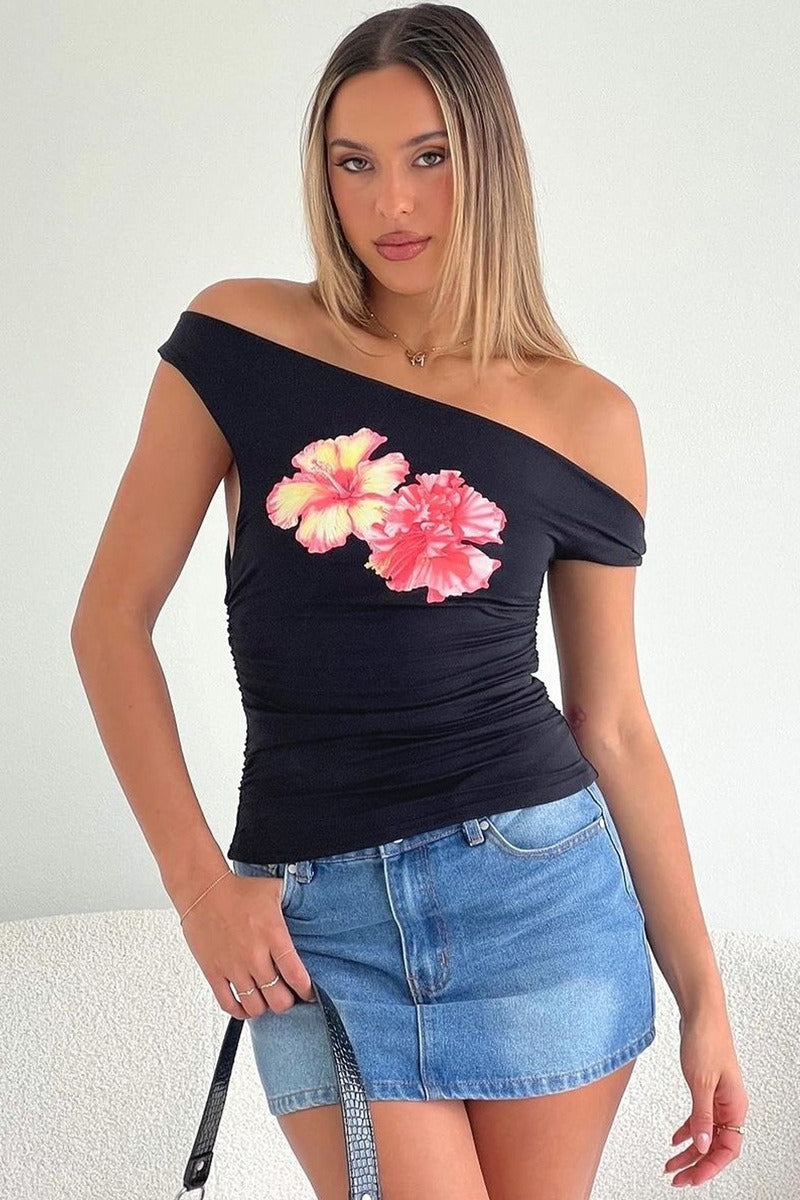 Off Shoulder Floral Print Crop T-Shirt