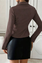 Lapel Buckle Flare Sleeve Long Blouse