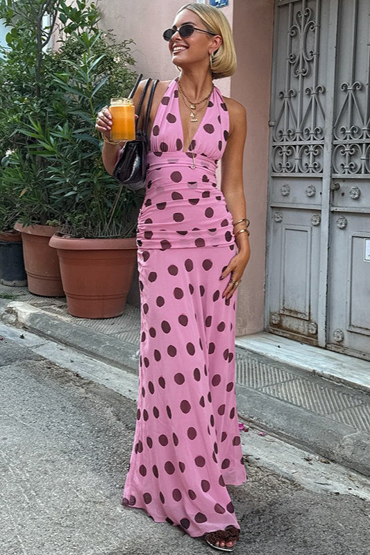 Vintage Polka Dot Halter V-Neck Maxi Dress