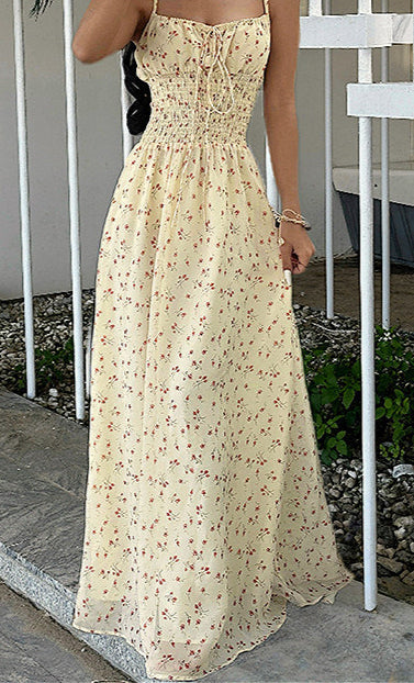 Smocked V Neck High Waist A Line Maxi Cami Floral Dress