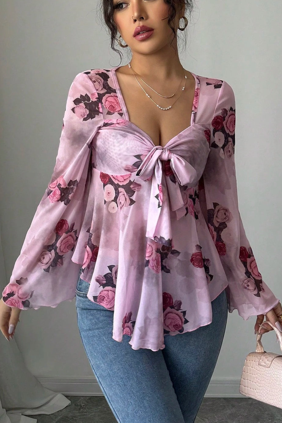 Floral Tie Dye Square Neck Long Sleeve Blouse