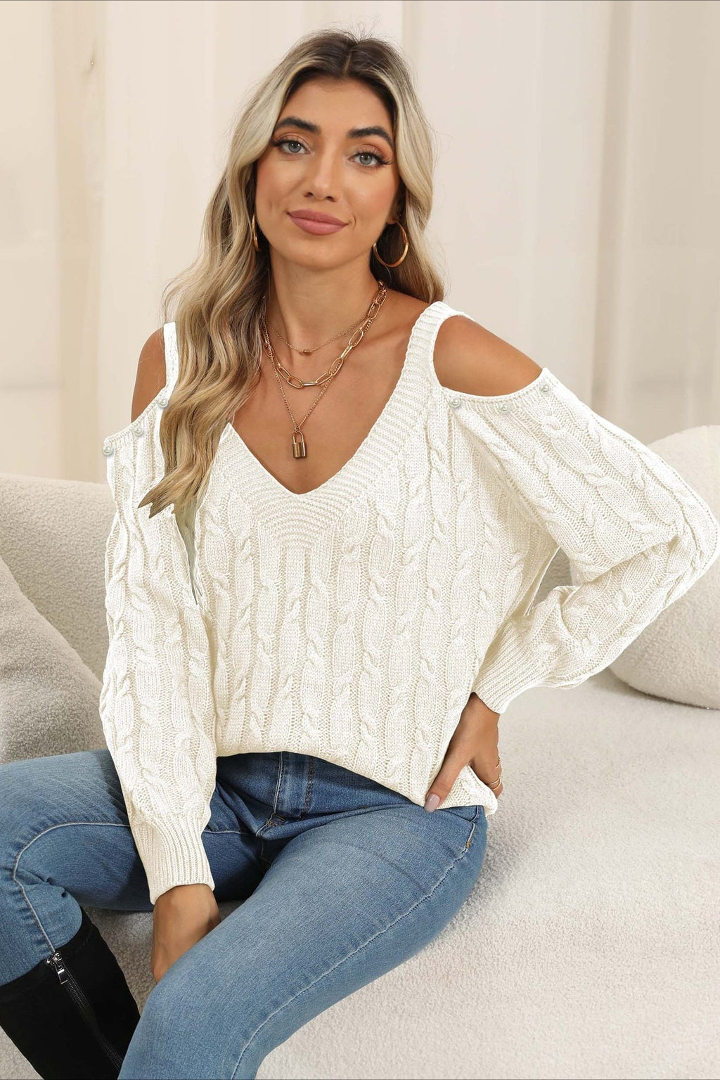 Deep V Off-Shoulder Loose Pullover Sweater