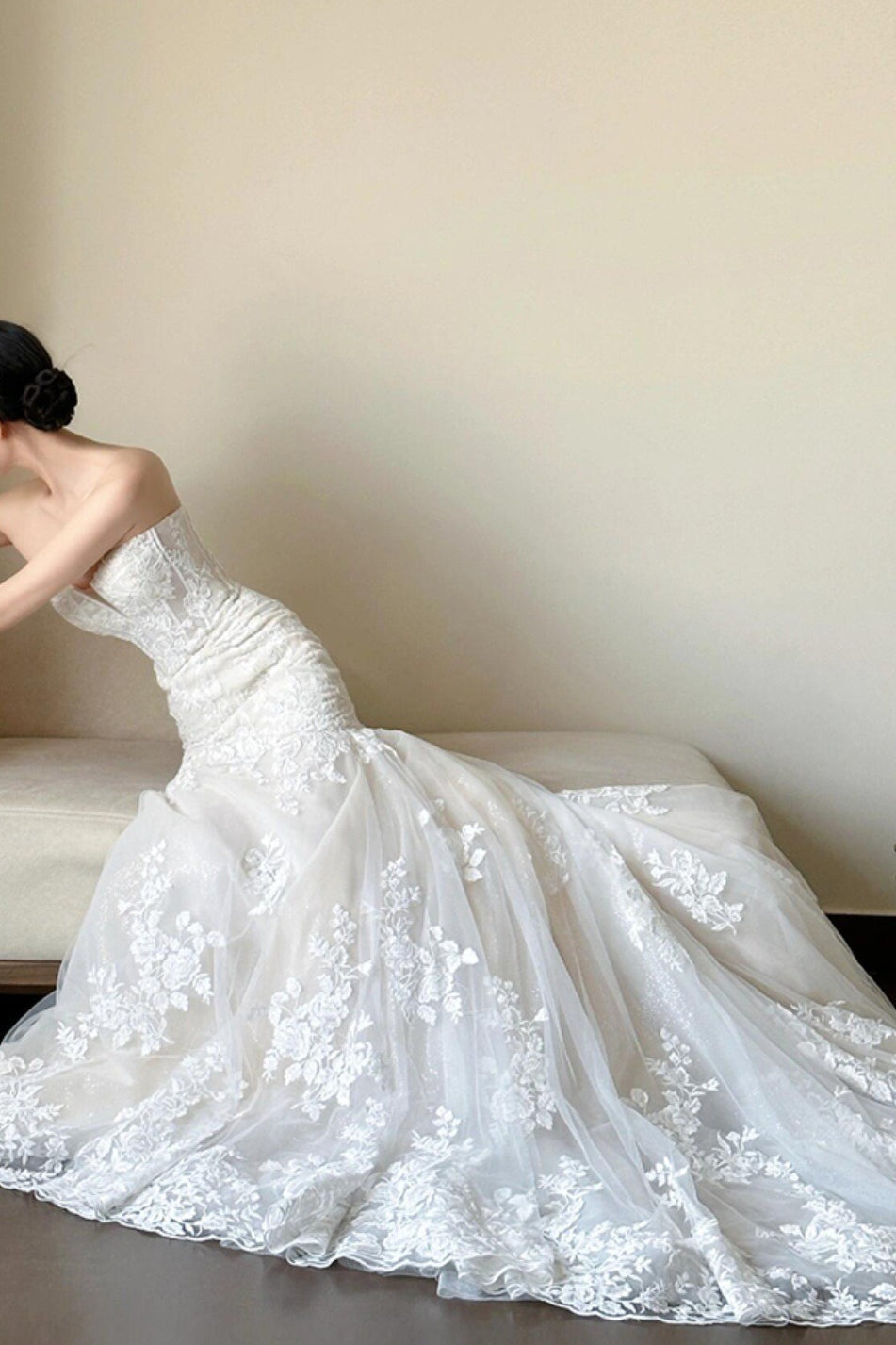 Lace Strapless Mermaid Train Wedding Dress