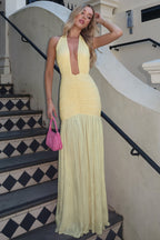 Solid Mesh Patchwork Deep V Halter Maxi Dress