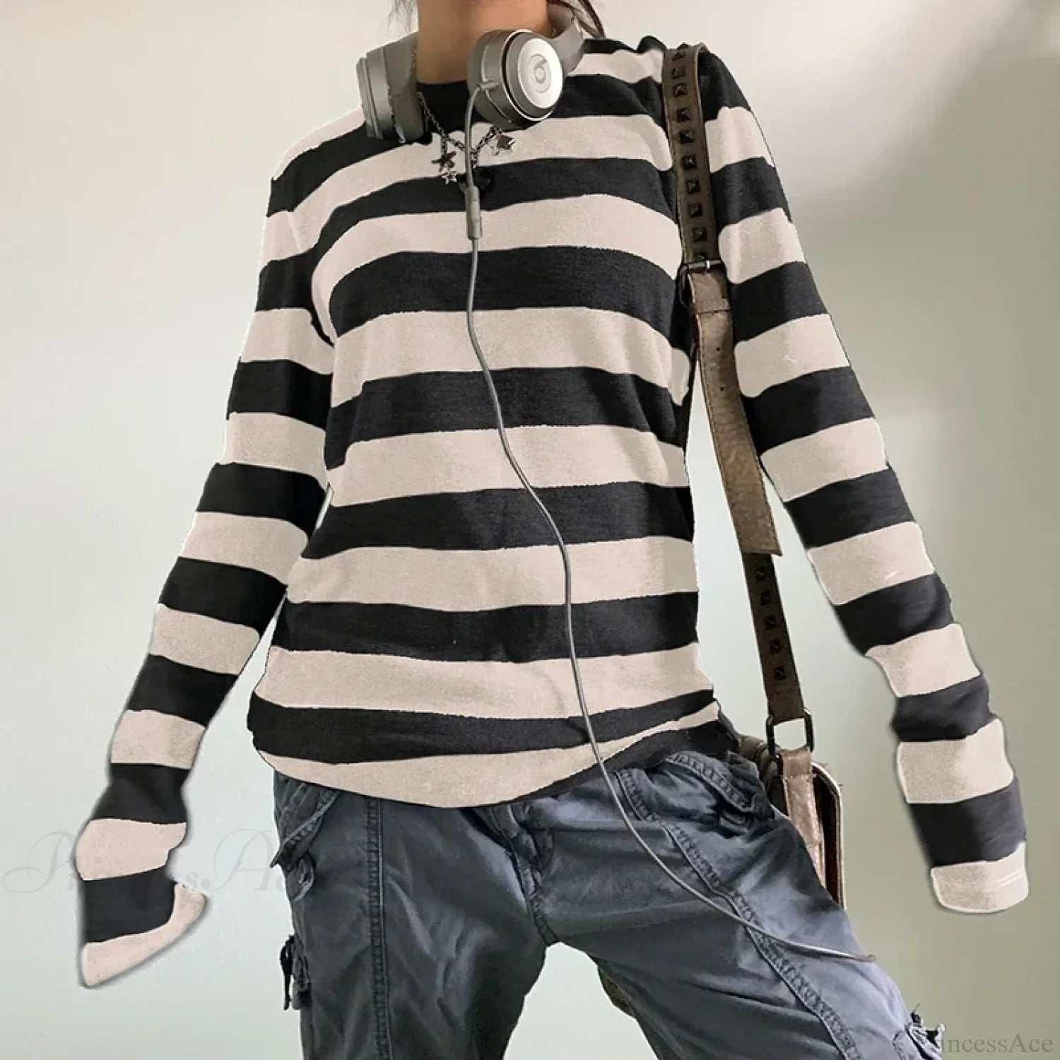 Fairy Grunge Knit Oversized Striped Long Sleeve Crewneck Top