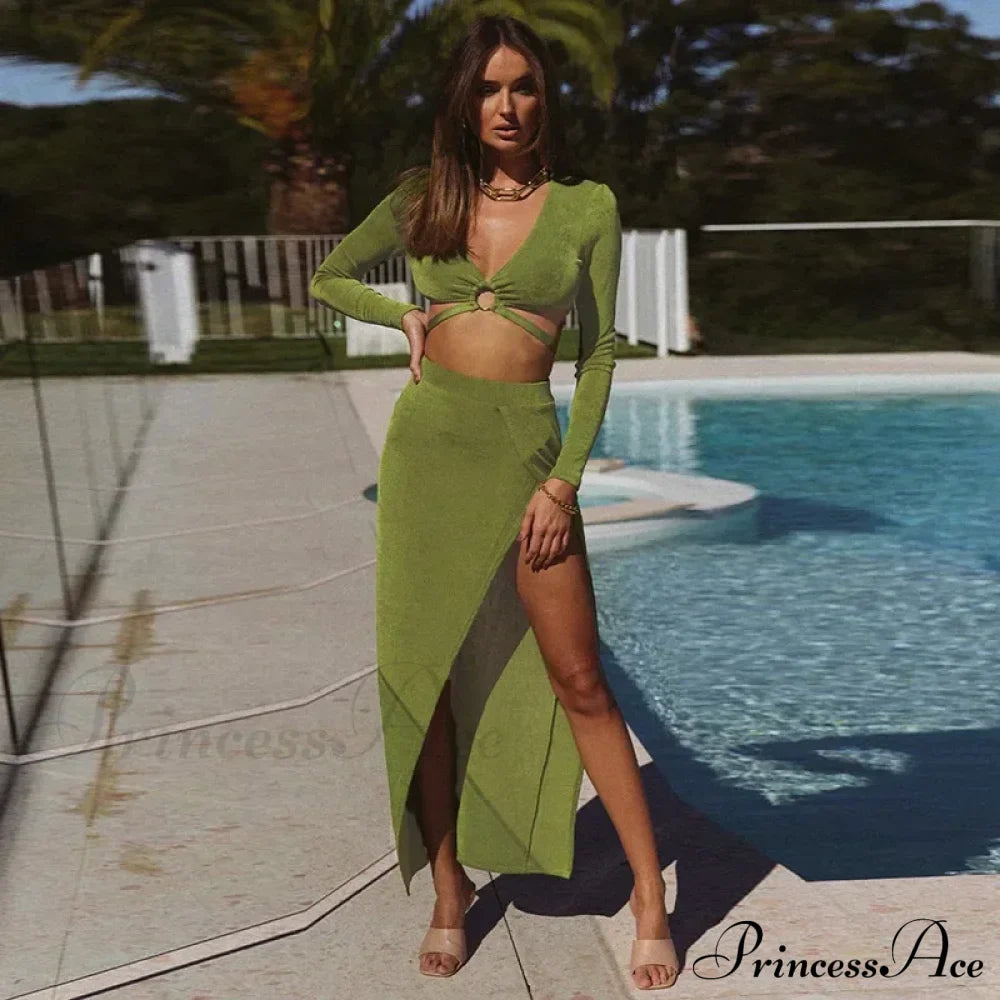 Fall Long Sleeve Bandage Sets Elegant Matching Midi Dress