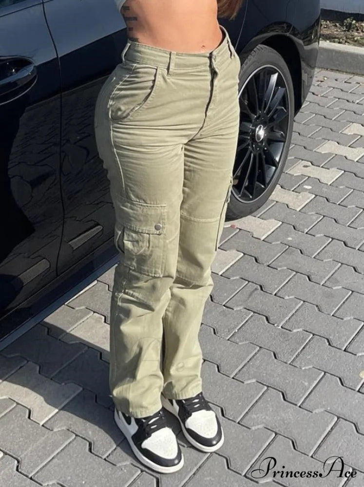 Baggy Cargo Big Pockets Pants Vintage Slim Y2K Women Waist Denim Armygreen High Khaki Streetwear Trousers