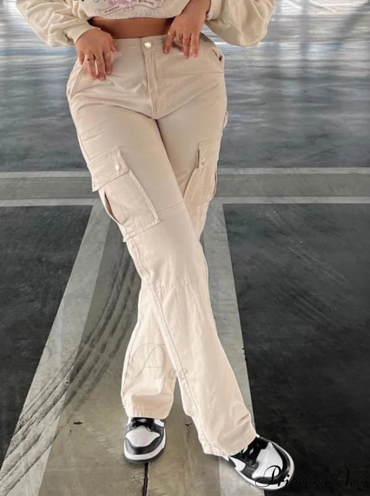 Baggy Cargo Big Pockets Pants Vintage Slim Y2K Women Waist Denim Armygreen High Khaki Streetwear Trousers