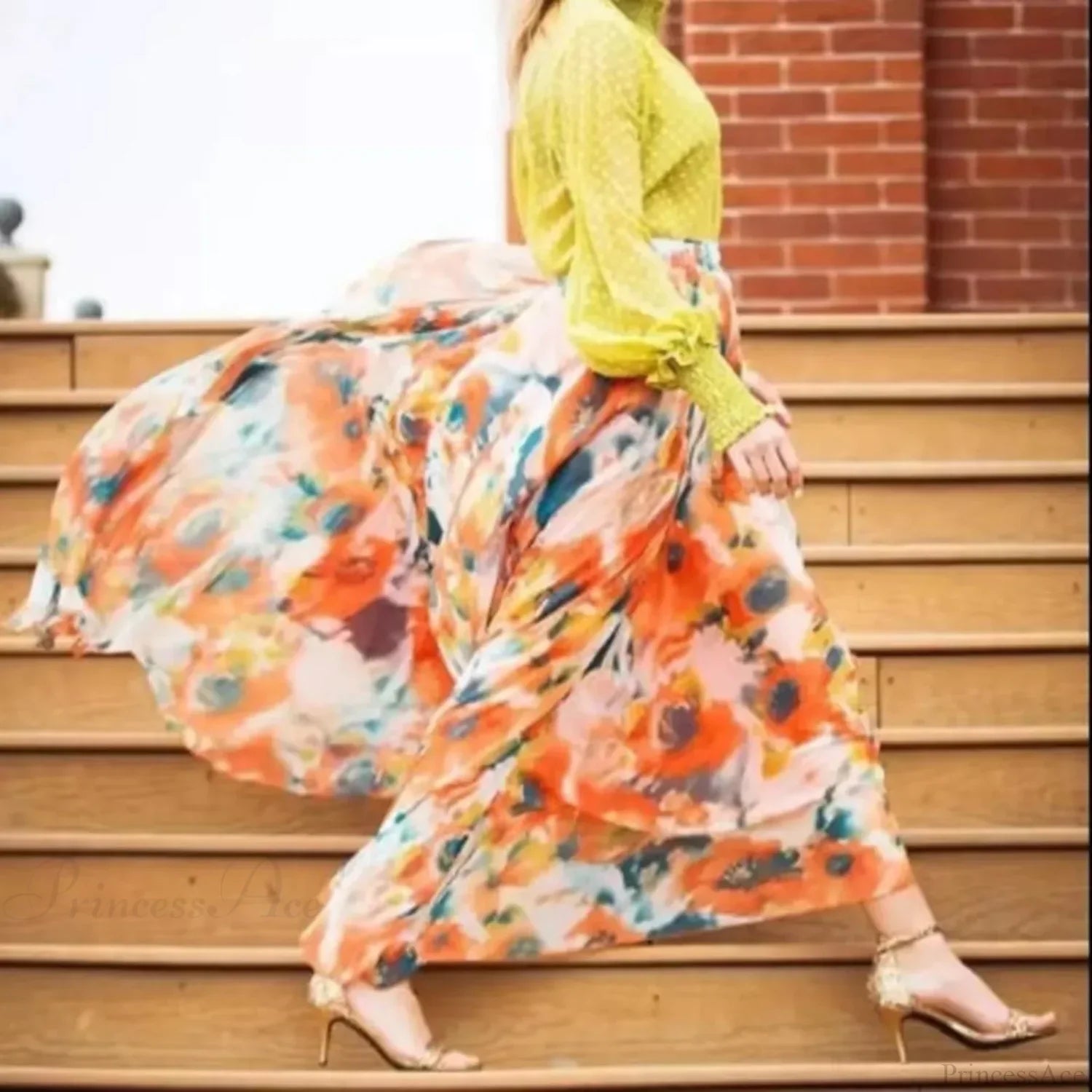 Boho Chiffon Floral Long High Waist Pleated Skirt