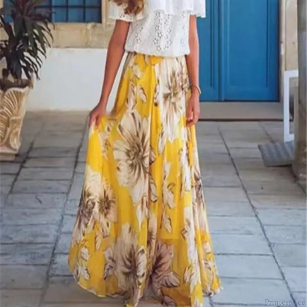 Boho Chiffon Floral Long High Waist Pleated Skirt