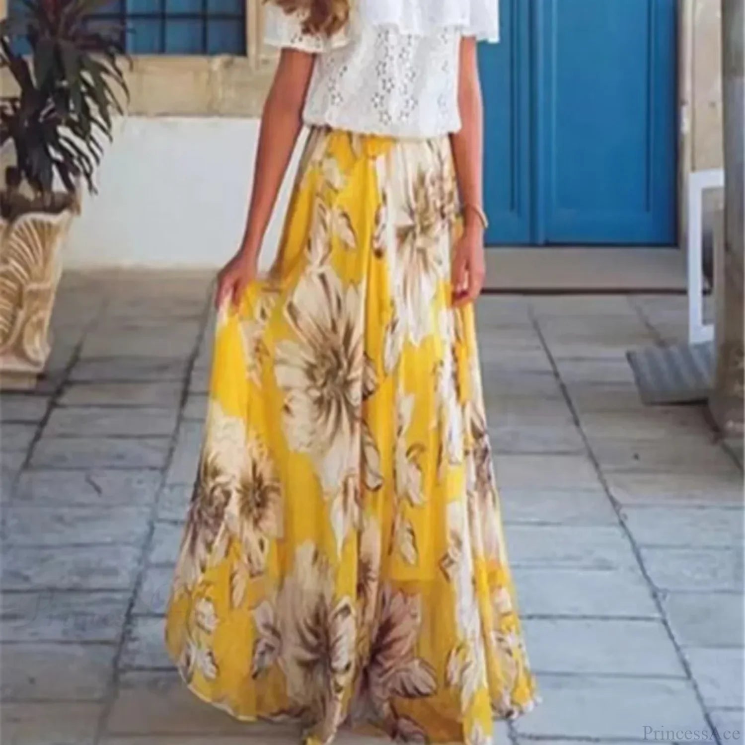 Boho Chiffon Floral Long High Waist Pleated Skirt