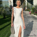 Button Knitted Sleeveless Slit Summer Elegant Solid Vestido Midi Dress
