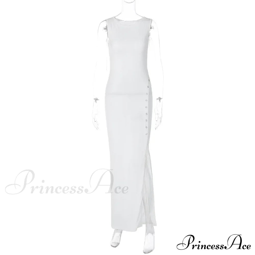 Button Knitted Sleeveless Slit Summer Elegant Solid Vestido Midi Dress