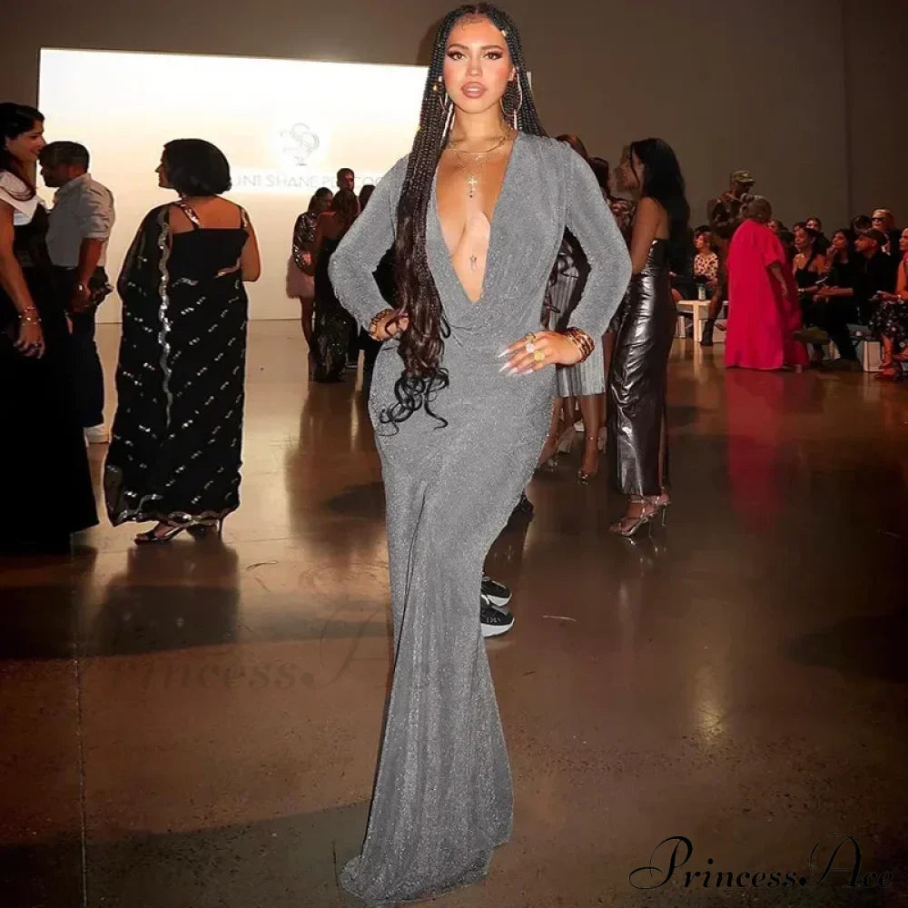 Club Draped Silk Long Sleeve Maxi Dress