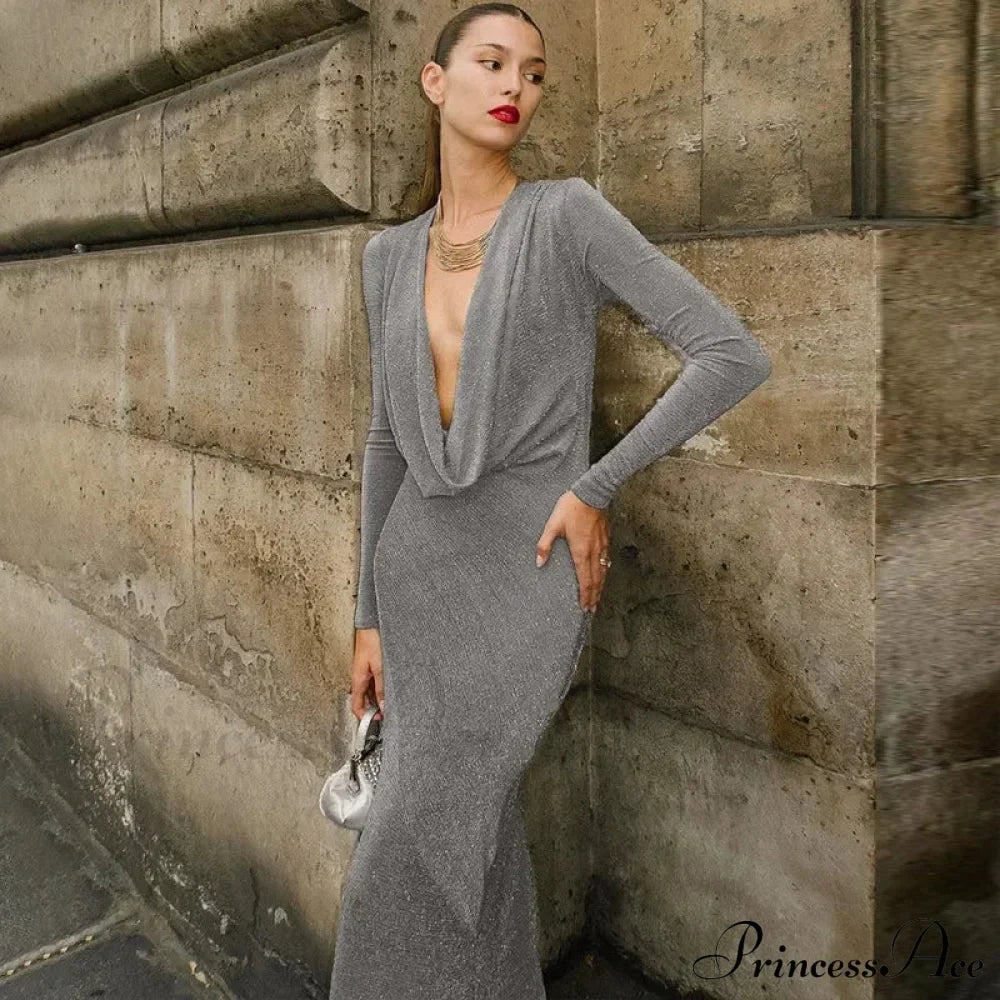 Club Draped Silk Long Sleeve Maxi Dress