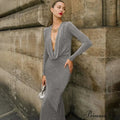 Club Draped Silk Long Sleeve Maxi Dress