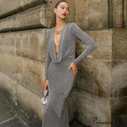 Club Draped Silk Long Sleeve Maxi Dress