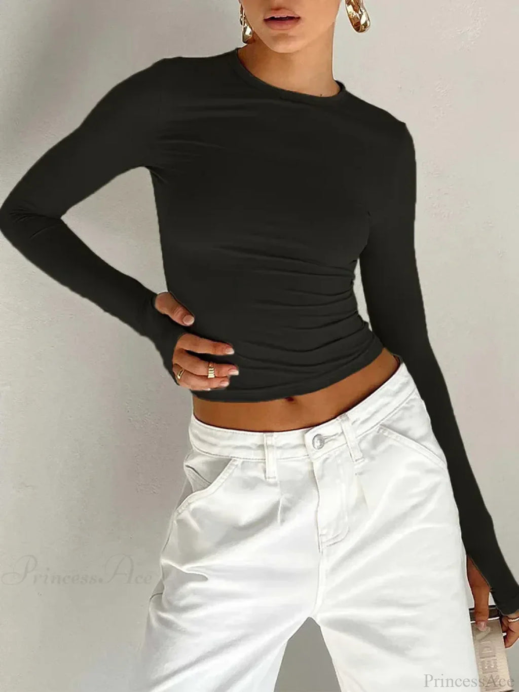 Crew Neck Slim Fit Long Sleeve Knit Top With Thumb Holes