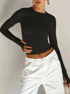 Crew Neck Slim Fit Long Sleeve Knit Top With Thumb Holes