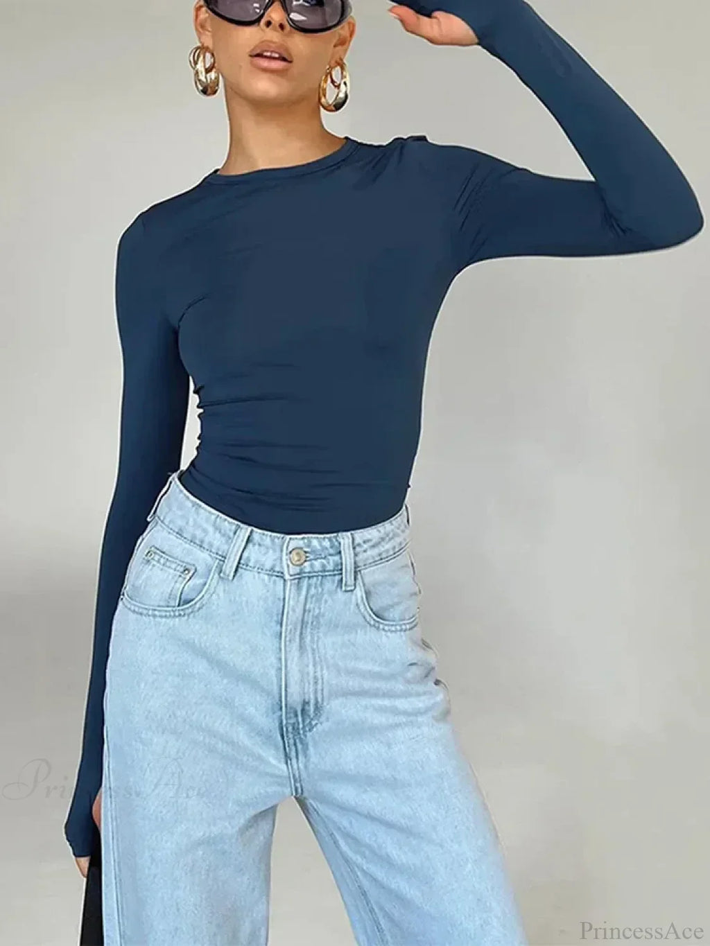 Crew Neck Slim Fit Long Sleeve Knit Top With Thumb Holes
