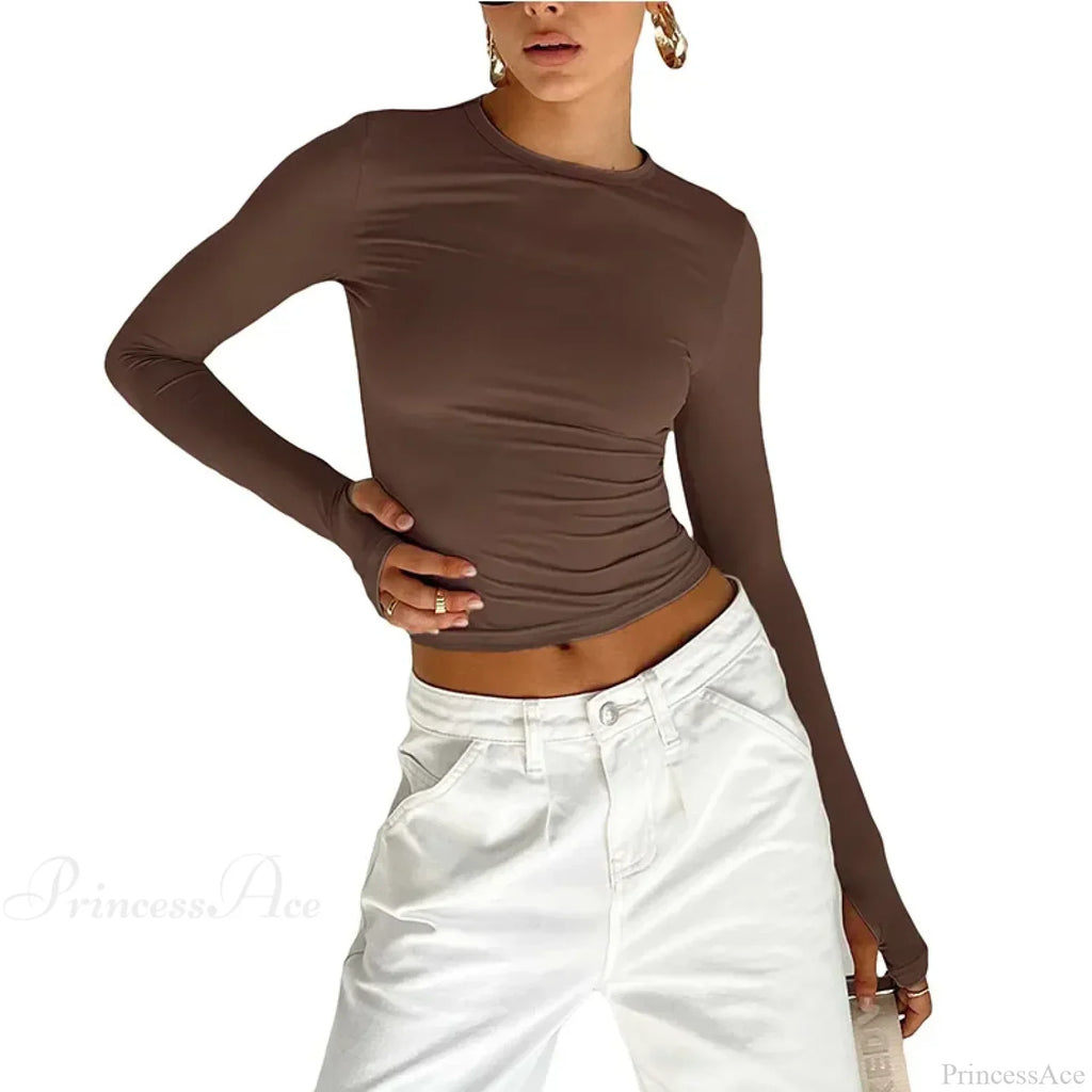 Crew Neck Slim Fit Long Sleeve Knit Top With Thumb Holes