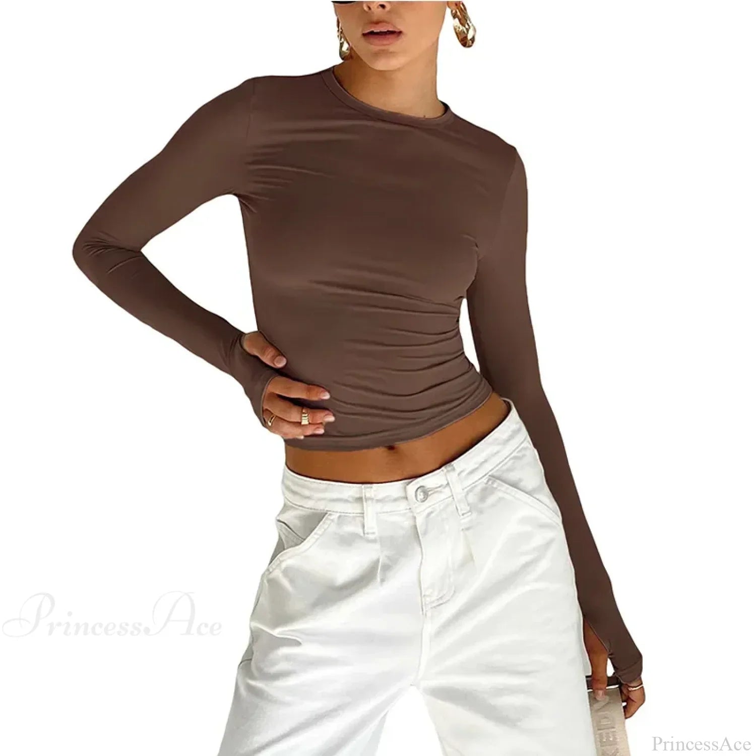 Crew Neck Slim Fit Long Sleeve Knit Top With Thumb Holes