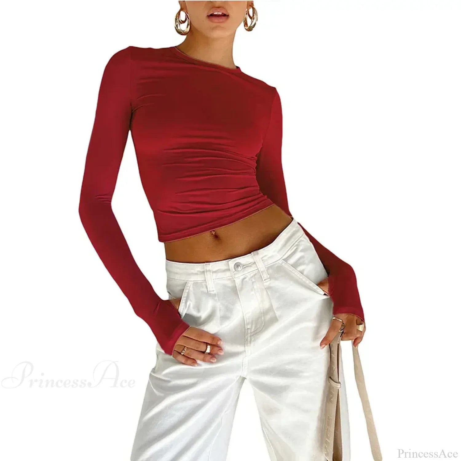 Crew Neck Slim Fit Long Sleeve Knit Top With Thumb Holes