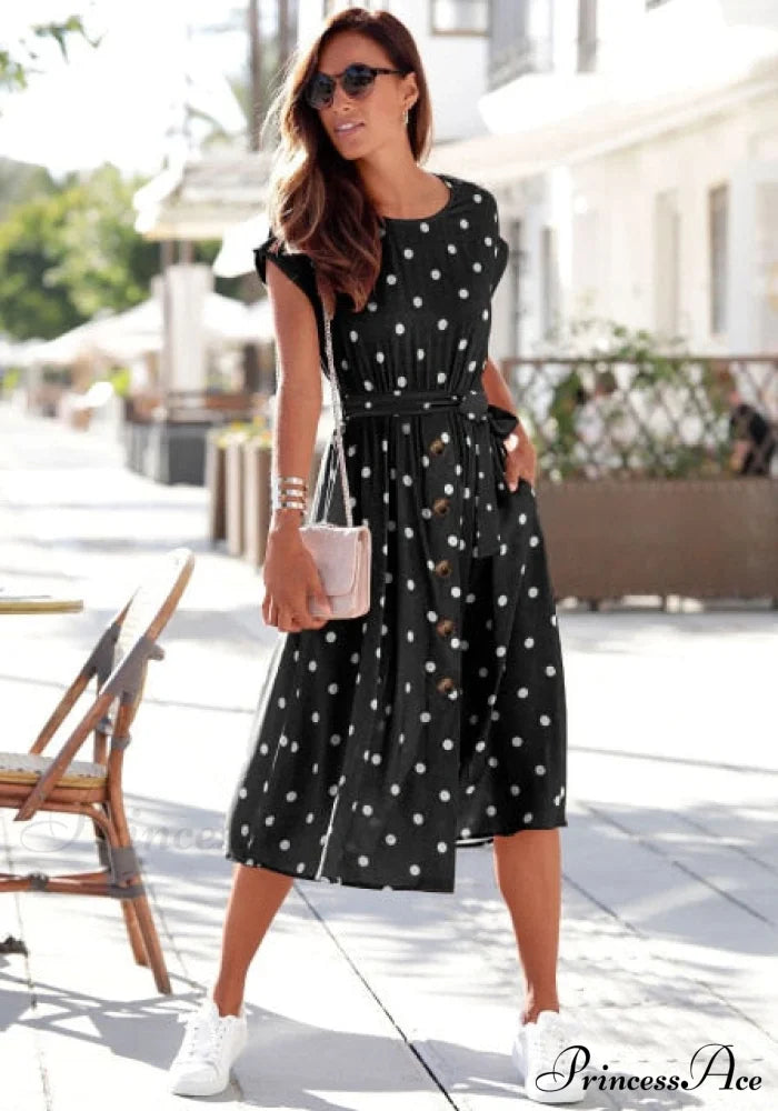O Neck Print Polka Dot Dress