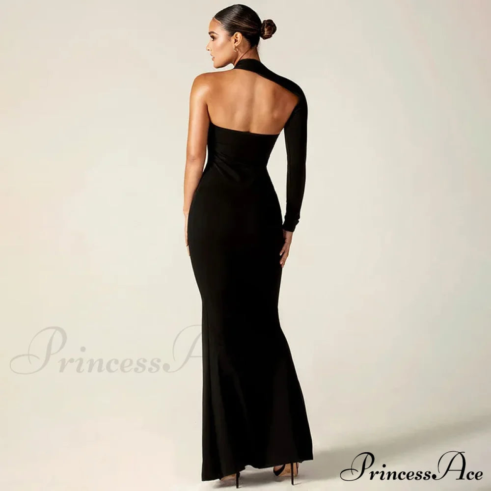 One Shoulder Split Long Sleeve Vestido Gown Maxi Dress