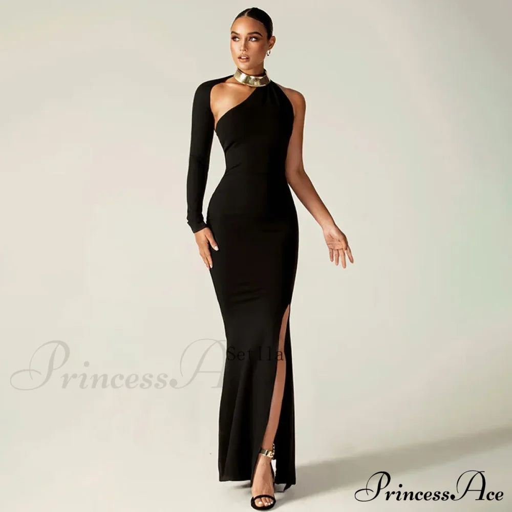 One Shoulder Split Long Sleeve Vestido Gown Maxi Dress