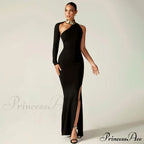 One Shoulder Split Long Sleeve Vestido Gown Maxi Dress