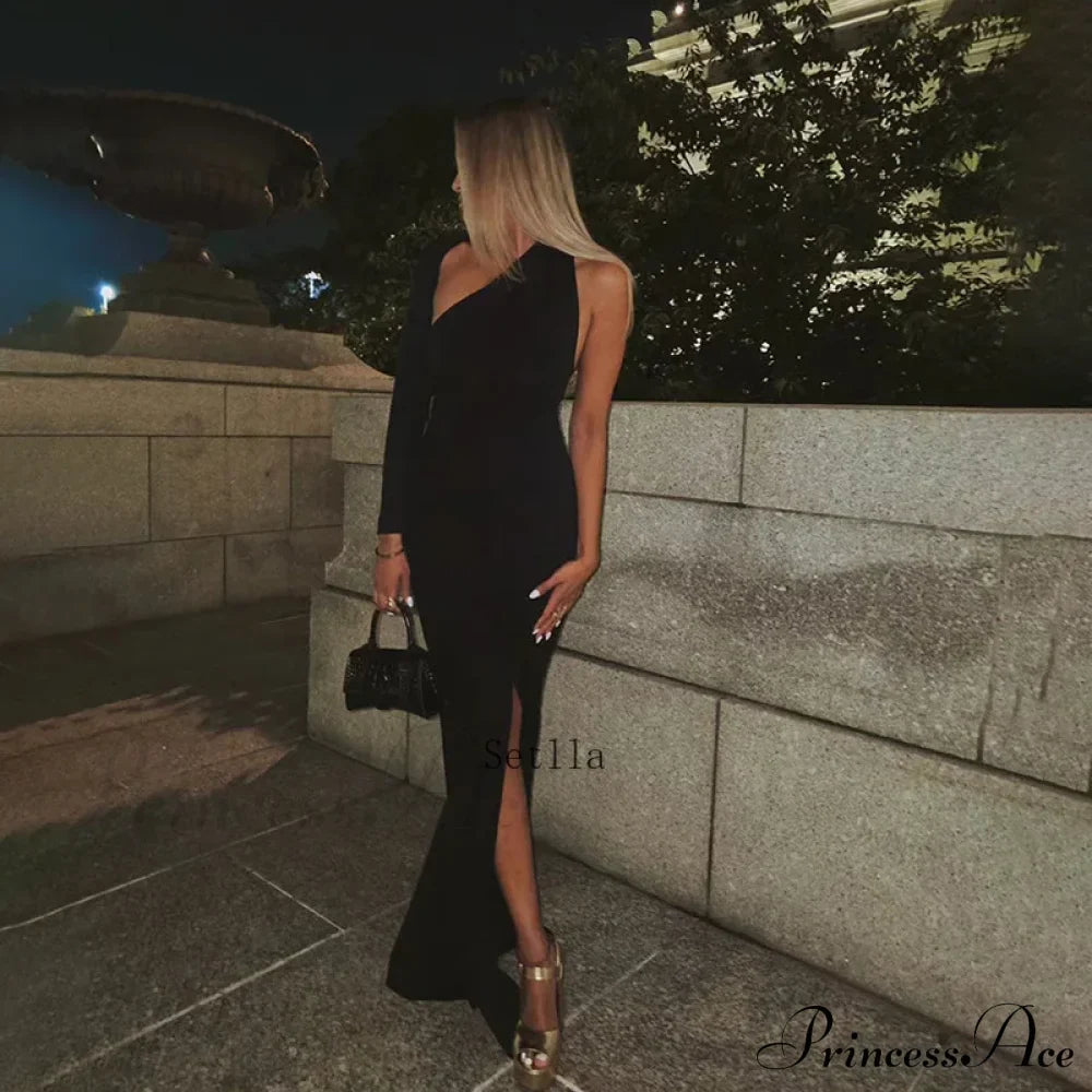 One Shoulder Split Long Sleeve Vestido Gown Maxi Dress