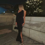 One Shoulder Split Long Sleeve Vestido Gown Maxi Dress